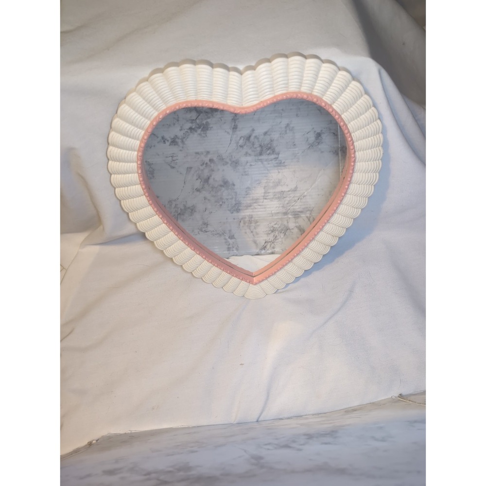 Vintage 80s Homco Mirror Wicker White Resin w/Pink Trim Heart Shaped 16"x15